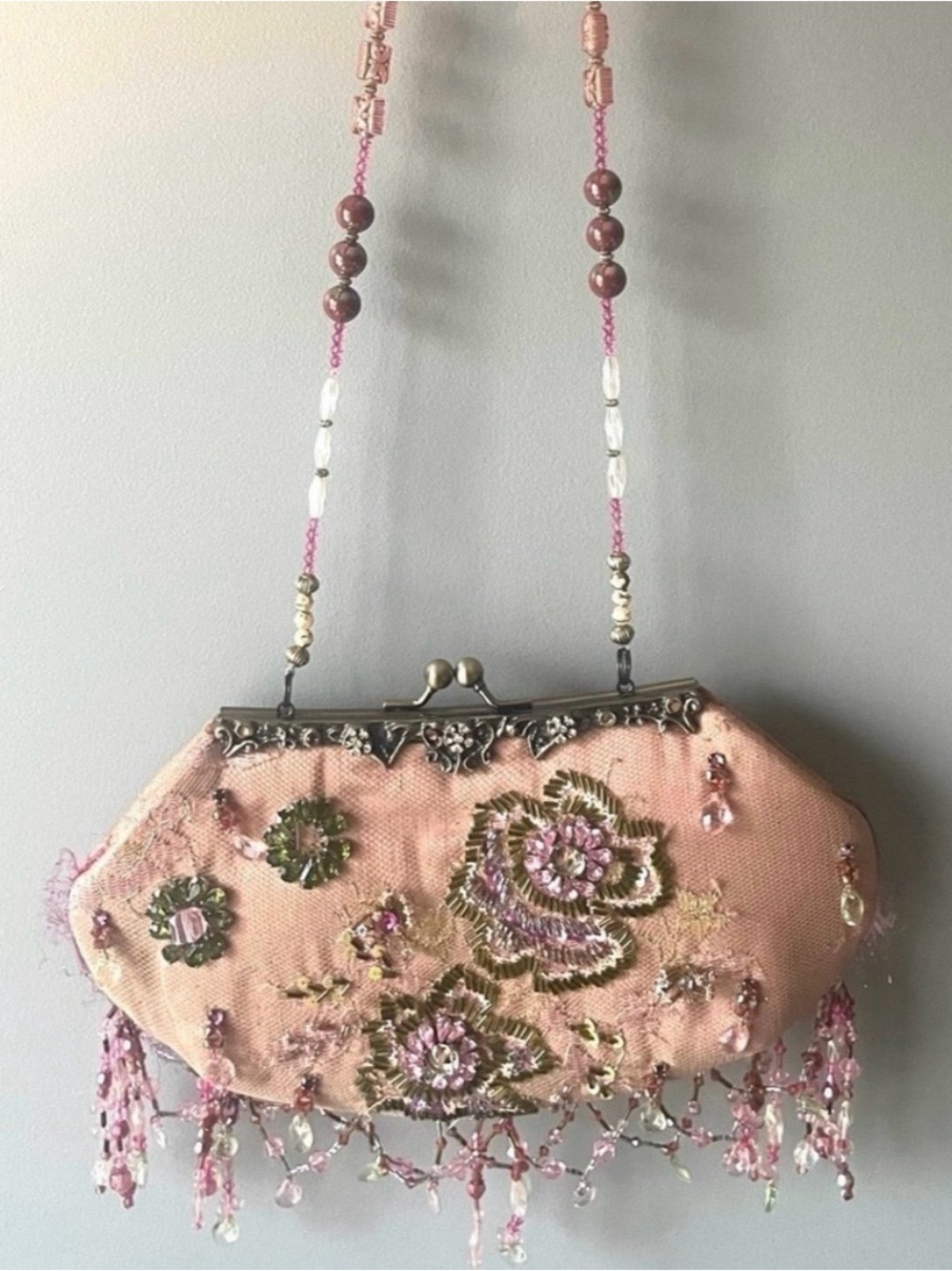Mary Frances Beaded Floral Bag Embroidered Handbag w/ Fringe & Kiss Lock Closure